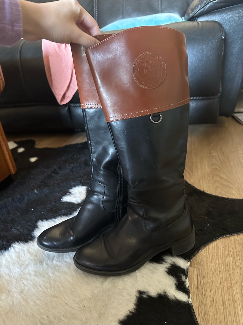 Franco Sarto Black Leather Riding Boots with Brown Cuff